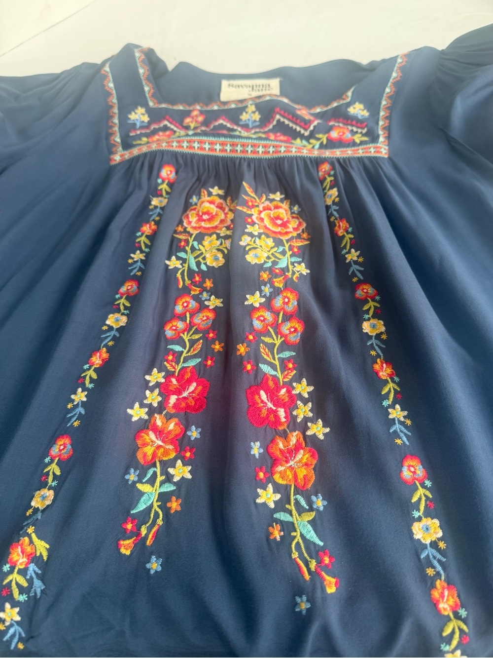Savannah Jane Sz Medium Slate Blue Floral Embroidered Peasant Top - Picture 16 of 16